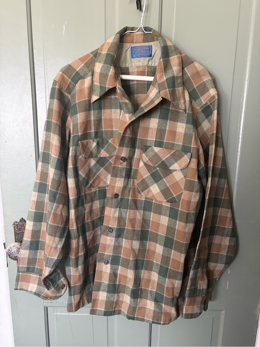 Vintage 1960’s Pendleton Flannel Board Shirt - Green & Tan. Made in USA